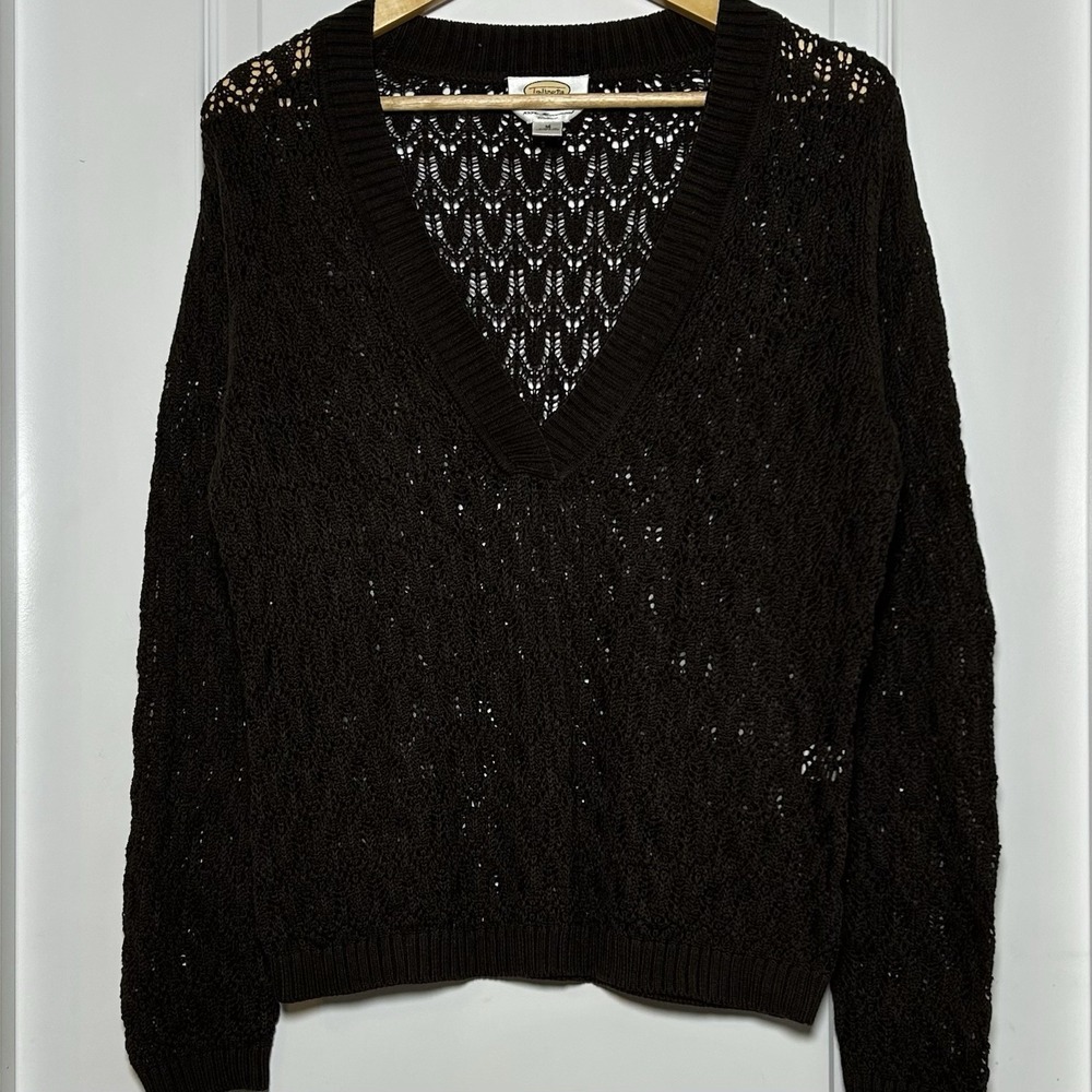 Talbots Petites Vintage 90s Chocolate Brown Open Crochet Knit V-Neck Sweater